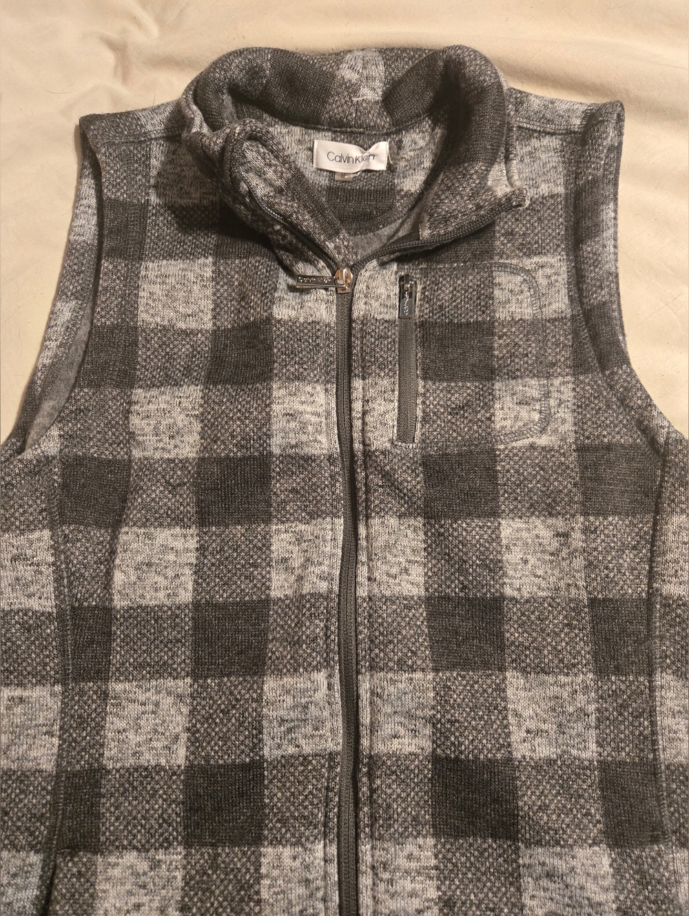 Calvin Klein Plaid Zip Vest Medium Gray Buffalo Check Cozy Fleece